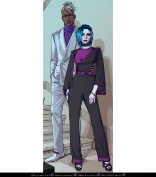 1boy 1girl alternate_costume alternate_hair_length alternate_hairstyle black_pants black_shirt bow bracelet breasts closed_mouth collar dark-skinned_male dark_skin ekko_(league_of_legends) firelight_ekko freckles full_body green_hair grey_jacket grey_pants hand_on_another&#039;s_stomach high_heels highres jacket jewelry jinx_(league_of_legends) koiarts league_of_legends medium_breasts nail_polish pants pink_bow purple_nails purple_shirt ring shirt shoes smile stairs standing toenail_polish toenails