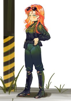 Rule 34 | 1girl, :|, amazingpuffhair, black-framed eyewear, black sweater, blonde hair, blush, boots, breasts, closed mouth, collared jumpsuit, commentary, english commentary, expressionless, eyewear on head, fingernails, full body, grass, green boots, green eyes, green jumpsuit, hands on own hips, high heel boots, high heels, highres, jumpsuit, knee boots, legs apart, light frown, long hair, looking ahead, multicolored hair, my little pony, my little pony: equestria girls, my little pony: friendship is magic, orange hair, petite, ribbed sweater, shadow, simple background, small breasts, solo, standing, streaked hair, sunglasses, sunset shimmer, sunset shimmer (human), sweater, turtleneck, turtleneck sweater, two-tone hair, white background