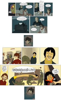 Rule 34 | 2girls, 4boys, comic, couch, creepy, english text, f@nboy$, fanboys (comic), grin, highres, horror (theme), janet kim, long neck, mario, mario (series), miyamoto shigeru, multiple boys, multiple girls, nintendo, playing games, playing video games, real life, rokurokubi, shopping cart, smile, stretching, super mario galaxy, television, third-party edit, turtleneck, what