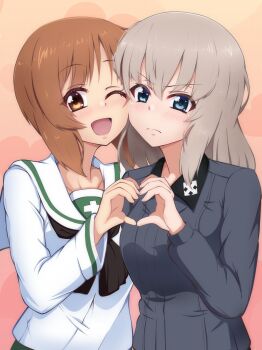 2girls blue_eyes blush brown_eyes brown_hair feet_out_of_frame girls_und_panzer green_skirt grey_hair grey_jacket happy heart heart_hands heiden highres itsumi_erika jacket kuromorimine_school_uniform multiple_girls nishizumi_miho one_eye_closed ooarai_school_uniform open_mouth sailor_collar school_uniform shirt short_hair simple_background skirt smile standing white_shirt
