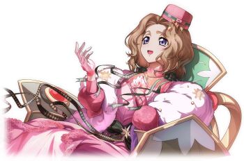 1girl brown_hair chair christmas code_geass code_geass:_lost_stories dress f4samurai game_cg happy hat highres long_hair nunnally_vi_britannia official_art open_mouth pink_dress pink_hat purple_eyes smile solo