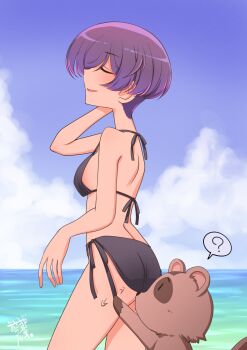 Rule 34 | 1girl, ?, bikini, black bikini, blue sky, blush, closed eyes, cloud, commentary request, daikokutei bunko, day, from side, highres, open mouth, osamada meika, outdoors, purple hair, short hair, side-tie bikini bottom, signature, sky, smile, speech bubble, spoken question mark, swimsuit, tanuki, uchi no shisho wa shippo ga nai, undercut, very short hair, water