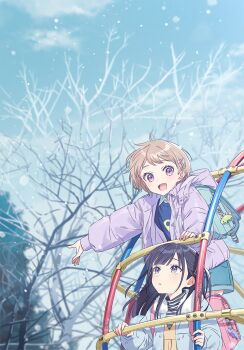 2girls animal_charm backpack bag bare_tree black_hair blonde_hair blue_shorts blue_sky charm_(object) coat comic_yuri_hime commentary_request dinosaur hechima_(issindotai) highres jacket jungle_gym medium_hair multiple_girls playground purple_eyes purple_jacket shirt short_hair shorts sky snow tree winter winter_clothes winter_coat