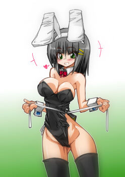 1girl aizawa_sakuya anzai_satsuki blush breasts cleavage clenched_teeth collarbone covered_navel detached_collar green_eyes grey_hair groin hayate_no_gotoku! highres leotard medium_breasts parted_lips playboy_bunny rabbit_ears rabbit_tail short_hair simple_background solo teeth thighhighs