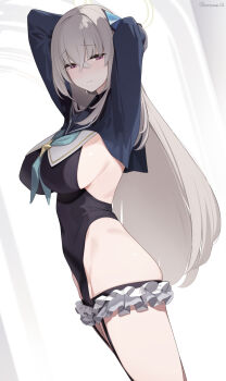 1girl black_gloves black_leotard blue_archive blue_shrug breasts cosplay enosan gloves grey_hair half_gloves halo highres large_breasts leotard long_hair purple_eyes sakurako_(blue_archive) shimiko_(blue_archive) shimiko_(blue_archive)_(cosplay) shimiko_(magical)_(blue_archive) shrug_(clothing) super_highleg