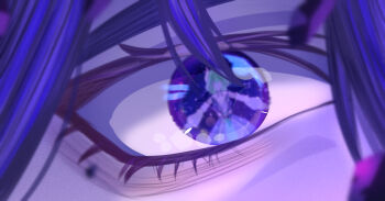 1boy 1girl bags_under_eyes detached_sleeves diamond-shaped_pupils diamond_(shape) dress eye_reflection eyelashes faceless faceless_female genshin_impact green_hair hair_ornament hair_over_one_eye highres looking_at_another outstretched_arms purple_dress purple_eyes purple_hair reflection rerir_(genshin_impact) scene_reference short_hair symbol-shaped_pupils tholindis_(genshin_impact) tsurime white_sleeves wide-eyed yashikin_(ginsuzu1225)