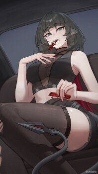 1girl animal_ear_piercing animal_ears aqua_eyes armpits bare_arms bare_shoulders black_hair black_shirt black_shorts black_thighhighs blunt_bangs breasts candy candy_bar car_interior chilakkk chocolate chocolate_on_face commentary crop_top feet_out_of_frame fingernails food food_in_mouth food_on_face from_below hair_between_eyes hair_intakes hands_up high-waist_shorts highres holding holding_food jane_doe_(zenless_zone_zero) light_smile long_fingernails long_hair looking_at_viewer looking_down medium_breasts mouse_ears mouse_girl mouse_tail mouth_hold nail_polish parted_lips red_nails sharp_teeth shirt shorts sitting sleeveless sleeveless_shirt solo tail tail_around_own_leg teeth thighhighs torn_clothes torn_thighhighs twitter_username upper_teeth_only window zenless_zone_zero