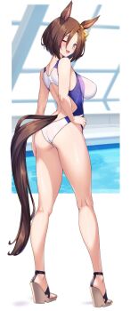 1girl absurdres air_groove_(umamusume) ass blue_eyes blush brown_hair brown_tail competition_swimsuit from_behind hand_on_own_hip highres kneepits looking_at_viewer looking_back multicolored_swimsuit one-piece_swimsuit one_eye_closed open_mouth pool shirokuma_a short_hair smile solo standing swimsuit thighs umamusume wedge_heels white_one-piece_swimsuit