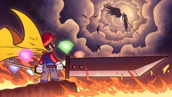 Rule 34 | 2boys, blue eyes, blue overalls, brandon santiago, brown hair, buster sword, cape, chaos emerald, commentary, dual wielding, english commentary, facial hair, feathered wings, feathers, final fantasy, final fantasy vii, fire, gloves, grey hair, hat, holding, holding sword, holding weapon, katana, keyblade, kingdom key, long hair, looking down, looking up, male focus, mario, mario (series), multiple boys, mustache, nintendo, on ground, overalls, red shirt, sephiroth, shadow, shirt, short hair, sword, weapon, white gloves, wings