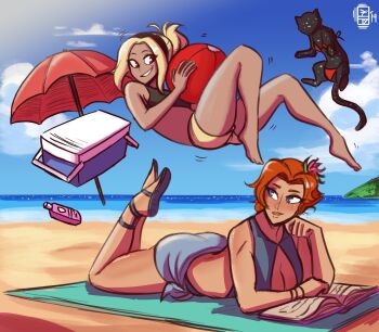 2girls ass bikini blonde_hair castlevania_(series) castlevania_iii:_dracula's_curse dark-skinned_female dark_skin gravity_daze highres kitten_(gravity_daze) multiple_girls red_eyes scruffyturtles swimsuit sypha_belnades