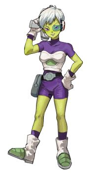 1girl absurdres belt boots breasts cheelai colored_skin commentary_request dragon_ball dragon_ball_super dragon_ball_super_broly full_body gloves green_skin grin gun hand_on_own_hip highres holding holding_gun holding_weapon leotard ma2_ereki medium_breasts pink_eyes pouch purple_leotard scouter short_hair smile solo v-shaped_eyebrows weapon white_gloves white_hair
