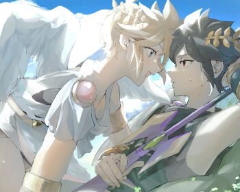 2boys :d ancient_greek_clothes angel angel_wings armlet belt black_hair black_scarf blonde_hair blue_eyes bracer brothers closed_mouth dark_pit dark_pit_staff_(kid_icarus) from_side gold_armlet greco-roman_clothes jewelry kid_icarus kid_icarus_uprising male_focus multiple_boys nintendo open_mouth pale_skin pit_(kid_icarus) red_eyes scarf short_hair siblings sidelocks smile spiked_hair twins white_scarf white_wings wings yellow_belt yuuri_snpr