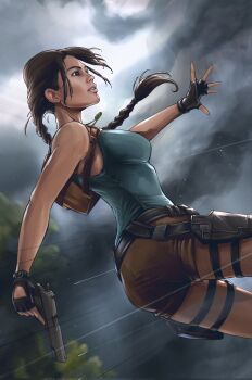 1girl aqua_tank_top backpack bag black_gloves braid braided_ponytail breasts brown_bag brown_eyes brown_hair brown_shorts fingerless_gloves gloves grey_sky gun handgun highres holding holding_gun holding_weapon holster illyne_cosplay jewelry lara_croft large_breasts long_hair necklace outdoors rain short_shorts shorts sky solo tank_top thigh_holster tomb_raider weapon weapon_request