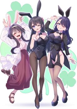 3girls absurdres animal_ear_hairband animal_ears black_bow black_bowtie black_hair black_jacket black_leotard black_pantyhose black_thighhighs bow bowtie breasts cloverworks coattails company_connection crossover detached_collar erde_0 fake_animal_ears full_body garter_straps hairband highres jacket kaoru_hana_wa_rin_to_saku kitagawa_marin leotard medium_breasts multiple_crossover multiple_girls one_eye_closed pantyhose playboy_bunny rabbit_ears rabbit_pose sakurajima_mai season_connection seishun_buta_yarou sidelocks smile sono_bisque_doll_wa_koi_wo_suru strapless strapless_leotard tailcoat_playboy_bunny thighhighs waguri_kaoruko white_jacket wrist_cuffs