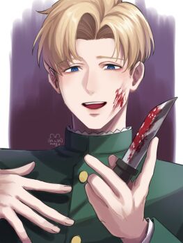 Rule 34 | 1boy, blonde hair, blood, blood on face, bloody knife, blue eyes, buttons, chi.: chikyuu no undou ni tsuite, commentary request, green jacket, highres, holding, holding knife, jacket, knife, looking at viewer, male focus, marmalademaymay13, open mouth, rafal (chi.), short hair, signature, solo