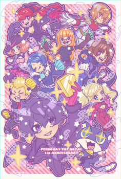 3boys 6+girls akechi_gorou amamiya_ren anniversary aqua_eyes aqua_gloves arms_up bad_id bad_pixiv_id black_coat black_hair black_headwear black_ribbon blonde_hair blue_eyes blue_hair blunt_bangs braid breasts brown_hair character_request check_character choker cleavage cleavage_cutout closed_eyes clothing_cutout coat copyright_name crown_braid cup english_text fingerless_gloves fist_pump fox_(persona_5) gloves hair_between_eyes hair_ribbon hama_cheese hat highres index_finger_raised kitagawa_yuusuke long_hair long_sleeves looking_at_viewer medium_breasts medium_hair morgana_(persona_5) multiple_boys multiple_girls niijima_makoto noir_(persona_5) okumura_haru one_eye_closed open_mouth oracle_(persona_5) orange_hair paintbrush panther_(persona_5) persona persona_5 persona_5_the_royal pink_eyes pink_gloves plate ponytail purple_eyes purple_gloves queen_(persona_5) red_eyes red_gloves red_hair ribbon sakamoto_ryuuji sakura_futaba short_hair skull_(persona_5) smile sparkle striped_background takamaki_anne takemi_tae teacup tongue tongue_out twintails violet_(persona_5) white_gloves yellow_gloves yoshizawa_kasumi