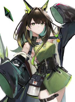 1girl absurdres ahoge aqua_hair arknights arm_up bare_shoulders belt belt_buckle black_belt black_coat black_hair breasts bright_pupils brown_hair buckle closed_mouth coat collarbone colored_inner_hair commentary cowboy_shot crystal crystal_horns dress dutch_angle ema_(kuguiema) film_grain frown green_dress green_eyes green_hair green_streaks hair_intakes hand_up heavy_film_grain highres huge_ahoge long_hair looking_at_viewer medium_breasts mon3tr_(arknights) multicolored_hair off_shoulder open_clothes open_coat simple_background sleeveless sleeveless_dress sleeves_past_fingers sleeves_past_wrists solo split_mouth stethoscope_around_neck thigh_belt thigh_strap white_background white_pupils