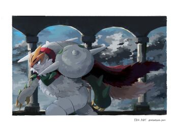 1other cape chesnaught claws closed_mouth cloud cloudy_sky colored_skin column forehead_protector fur_cape gen_6_pokemon green_skin highres mega_chesnaught mega_pokemon momota_pix multicolored_skin nintendo pillar pokemon pokemon_(creature) pokemon_focus red_fur red_nose sky two-tone_skin white_beard white_fur white_skin yellow_claws