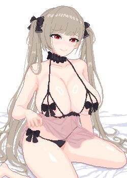 8tipixel azur_lane bed_sheet breasts commentary_request formidable_(azur_lane) highres huge_breasts lingerie pixel_art red_eyes sitting twintails underwear wariza white_background