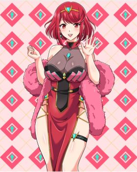 1girl breasts commentary dress earrings english_commentary fur_scarf heyreza.art highres jewelry large_breasts medium_hair open_mouth pelvic_curtain plaid_background pyra_(xenoblade) red_dress red_eyes red_hair red_scarf scarf see-through_cleavage see-through_clothes side_slit smile solo swept_bangs thigh_strap tiara xenoblade_chronicles_(series) xenoblade_chronicles_2