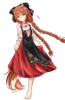 1girl absurdres animal_ears apron barefoot black_apron black_bow blush bow braid brown_hair brown_tail feet full_body hair_bow hashtag-only_commentary highres holo ky_(ky66622) long_braid long_hair long_skirt looking_at_viewer official_alternate_costume official_alternate_hairstyle pink_shirt pout print_apron red_eyes red_skirt shirt simple_background skirt skirt_hold solo spice_and_wolf standing standing_on_one_leg tail toes twin_braids twitter_username very_long_hair white_background wolf_ears wolf_girl wolf_tail