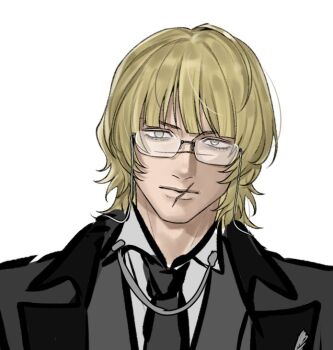 Rule 34 | 1boy, badeni, bespectacled, black jacket, black necktie, blonde hair, blunt bangs, chi.: chikyuu no undou ni tsuite, collared shirt, commentary request, contemporary, glasses, jacket, male focus, medium hair, necktie, nomunomuwotaku, scar, scar on face, scar on mouth, shirt, simple background, solo, unfinished, white background, white shirt, wing collar