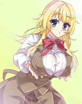 1girl alternate_breast_size_(larger) blonde_hair blue_eyes blunt_bangs blush bow bowtie breasts brown_skirt brown_vest button_gap buttons closed_mouth commentary_request cowboy_shot double-breasted dutch_angle eyelashes fuyukichi_(nikoniko1567) grabbing_own_breast green_background hair_intakes hair_ornament hairclip highres large_breasts limelight_lemonade_jam long_hair long_sleeves looking_at_viewer parallel_hairclips plaid_clothes plaid_skirt presenting_breasts red_bow red_bowtie school_uniform shimakoshi_tsukimi shirt simple_background skirt solo spiked_hair thick_eyebrows twitter_username vest watermark white_shirt