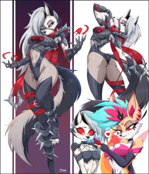 2girls animal_ear_fluff animal_ears animal_nose aqua_hair armor ass beelzebub_(helluva_boss) black_fur black_gloves black_hair black_leotard black_skirt blush body_fur bracelet breasts cleavage cleavage_cutout closed_mouth clothing_cutout collar colored_sclera commentary cosplay crop_top elbow_gloves embarrassed english_commentary fantastic_four felox08 finger_to_mouth fox_ears fox_girl fox_tail furry furry_female gloves grey_hair heart heart_cutout hellaverse highres holding holding_phone jewelry leaning_back leotard licking licking_finger linea_alba long_hair looking_at_phone looking_at_viewer loona_(helluva_boss) malice_(sue_storm) malice_(sue_storm)_(cosplay) marvel marvel_rivals medium_breasts multicolored_hair multiple_girls multiple_views navel notice_lines parted_lips pauldrons phone pink_hair pink_shirt red_eyes red_sclera shirt shoulder_armor skirt snout spiked_bracelet spiked_collar spiked_legwear spiked_pauldrons spikes spoken_heart stomach_cutout sue_storm tail two-tone_fur white_eyes white_fur wolf_ears wolf_girl wolf_tail yellow_fur