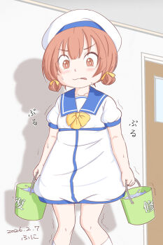 Rule 34 | 1girl, artist name, blue sailor collar, bow, brown eyes, brown hair, bucket, commentary request, dated, dress, feet out of frame, funipeta, hair rings, hat, kaiboukan no. 4 (kancolle), kantai collection, low twintails, punishment, repair bucket, sailor collar, sailor dress, sailor hat, short hair, short sleeves, solo, twintails, white dress, white hat, yellow bow