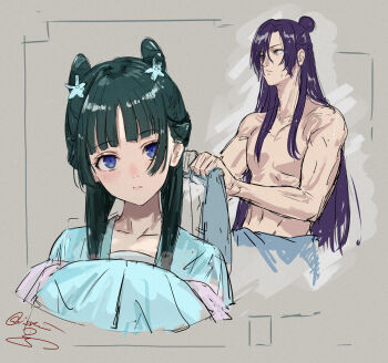 1boy 1girl bishounen blue_eyes blush chinese_clothes double_bun flower green_hair grey_background hair_bun hair_flower hair_ornament hair_over_one_eye isshiki_(ffmania7) jinshi_(kusuriya_no_hitorigoto) kusuriya_no_hitorigoto light_frown long_hair maomao_(kusuriya_no_hitorigoto) navel purple_hair signature sketch topless_male wringing_clothes