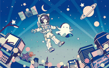 1girl :o animal_ear_helmet animal_ears_helmet animal_helmet blue_sky blue_theme building cat_helmet city commentary floating from_below ghost headphones helmet lamppost open_mouth original outdoors outstretched_arms pastel_colors planet purple_eyes purple_hair satellite saturn_(planet) scenery short_hair sky space_helmet spacesuit spread_arms squid star_(sky) star_(symbol) starry_sky tami_yagi wide_shot