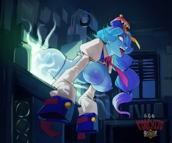 1girl bent_over blue_skin breasts colored_skin hat highres indoors jiangshi large_areolae large_breasts long_hair original polchito qingdai_guanmao shrug_(clothing) solo through_medium through_screen tongue tongue_out topless_female very_long_sleeves