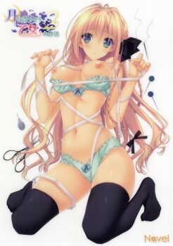 1girl absurdres bdsm blonde_hair blue_eyes blush bondage bound bra breasts breasts_out copyright_name est_gealach_arnotts female_focus full_body green_bra green_panties highres kneeling long_hair looking_at_viewer needle needle_threader nipples panties parted_lips scissors simple_background solo suzuhira_hiro tape tape_bondage tape_measure thighhighs thread tsuki_ni_yorisou_otome_no_sahou_2 underwear underwear_only white_background