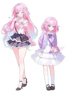 2girls alternate_costume aqua_hair bag_charm black_shoes blue_eyes blue_hair blush bow bowtie breasts cardigan character_bag charm_(object) closed_mouth commentary cyrene_(demiurge)_(honkai:_star_rail) cyrene_(honkai:_star_rail) cyrene_(philia093)_(honkai:_star_rail) diamond-shaped_pupils diamond_(shape) dress dual_persona earrings finger_to_mouth full_body gradient_hair hair_bow hair_intakes heart high_heels highres honkai:_star_rail honkai_(series) jewelry large_breasts layered_skirt long_sleeves looking_at_viewer medium_hair mem_(honkai:_star_rail) miho_(mymiho) multicolored_hair multiple_girls one_eye_closed open_cardigan open_clothes pink_hair pink_nails pink_ribbon pink_shirt pointy_ears purple_bow purple_bowtie purple_cardigan purple_eyes purple_skirt revision ribbon shirt shoes sidelocks signature simple_background skirt smile socks standing symbol-shaped_pupils twitter_username white_background white_bow white_dress white_socks