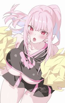 1girl absurdres bare_shoulders black_skirt blush breasts cheerleader collarbone commentary highres holding holding_pom_poms hololive hololive_english kamiya_maneki large_breasts long_hair looking_at_viewer lower_teeth_only mori_calliope open_mouth pink_eyes pink_hair pink_shirt pink_skirt pink_trim pom_pom_(cheerleading) pom_poms ponytail shirt signature simple_background skirt solo teeth thighs twitter_username two-tone_shirt two-tone_skirt underboob virtual_youtuber white_background