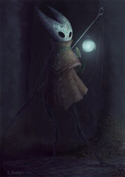 Rule 34 | 1girl, arthropod girl, artist name, black eyes, black skin, bug, cloak, colored skin, firefly, full body, highres, holding, holding behind back, holding lantern, holding weapon, holding weapon behind back, hollow eyes, hollow knight, hornet (hollow knight), insect, lantern, needle (hollow knight), red cloak, roving neophyte, solo, standing, thread, weapon