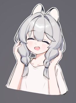 1girl :d ^_^ animal_ears blush braid closed_eyes commentary cropped_torso facing_viewer grey_background grey_hair hair_between_eyes hair_intakes hair_over_shoulder hands_up holding holding_own_hair low_twintails open_mouth original outline riya_(01214) shirt short_sleeves simple_background smile solo symbol-only_commentary twin_braids twintails upper_body white_outline white_shirt wolf_ears
