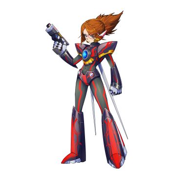 1boy absurdres alternate_color alternate_costume armor armored_boots axl_(mega_man) blue_eyes body_armor bodysuit boots brown_hair codpiece covered_navel elbow_gloves forehead_jewel frown full_body gauntlets gloves gun highres holding holding_gun holding_weapon kiauwrenn knee_armor knee_boots long_bangs long_hair mechanical_ears mechanical_wings mega_man_(series) mega_man_x8 mega_man_x_(series) mega_man_zero_(series) no_headwear non-web_source ponytail redesign scar scar_on_face shoulder_armor transparent_background weapon wings