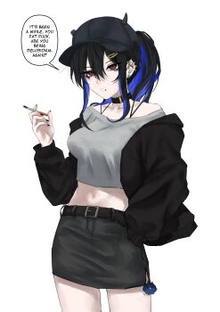 Rule 34 | 1girl, absurdres, baseball cap, black choker, black hair, black hat, black jacket, black skirt, blue hair, character charm, charm (object), choker, cigarette, colored inner hair, commentary, crop top, english commentary, grey shirt, hat, highres, holding, holding cigarette, hololive, hololive english, jacket, jailbird (nerissa ravencroft), kizuru09, miniskirt, multicolored hair, navel, nerissa ravencroft, profanity, red eyes, shirt, simple background, skirt, solo, speech bubble, virtual youtuber, white background