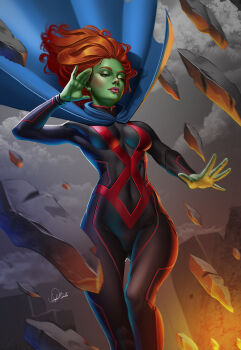 1girl alien black_bodysuit blue_cape bodysuit breasts brown_hair cape colored_skin dc_comics douglas_bicalho green_skin highres long_hair medium_breasts miss_martian multicolored_bodysuit red_bodysuit rock signature solo superhero_costume telekinesis two-tone_bodysuit young_justice
