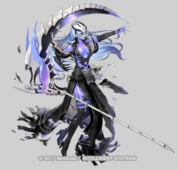 1girl asatani_tomoyo ascot black_dress black_eyeshadow black_lips bone boots closed_mouth copyright_notice dress elbow_gloves eyeshadow fingernails fire_emblem fire_emblem_heroes ganglot_(fire_emblem) gloves green_eyes grey_background high_heel_boots high_heels jewelry knee_boots lips long_dress long_hair makeup nintendo official_art scythe see-through_body see-through_clothes side_slit simple_background skeleton skull solo thigh_boots tiara weapon white_hair