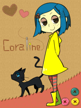 1girl arms_behind_back black_cat blue_hair boots brown_eyes buttons cat cat_(coraline) character_name closed_mouth commentary_request copyright_name coraline coraline_(movie) coraline_jones dragonfly_hair_ornament freckles hood hood_down hooded_coat long_sleeves looking_at_viewer needle pantyhose raincoat rubber_boots sewing_needle short_hair smile striped_clothes striped_pantyhose tsunoji two-tone_background yellow_boots yellow_raincoat