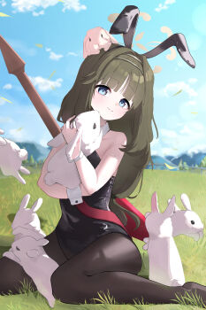 1girl 6+others absurdres alternate_costume animal_ears blue_archive blue_eyes blue_sky fake_animal_ears grass green_hair guitar highres instrument kumakono leotard long_hair multiple_others rabbit rabbit_ears sitting sky tsumugi_(blue_archive)