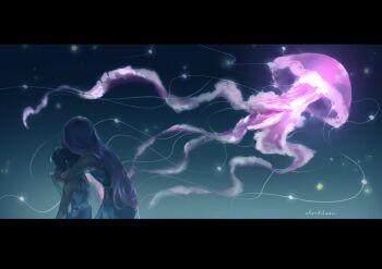 2girls alien_stage black_hair commentary dress hashtag-only_commentary highres hug jellyfish long_hair mizi_(alien_stage) multiple_girls pink_hair short_hair signature sleeveless sleeveless_dress sua_(alien_stage) white_dress yaustalaaaa