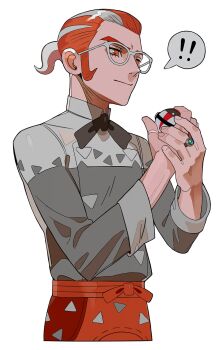 Rule 34 | !, !!, 1boy, apron, arms up, black bow, black bowtie, bow, bowtie, closed mouth, collared shirt, commentary, cropped legs, glasses, grisham (pokemon), highres, holding, holding poke ball, jewelry, long sleeves, male focus, mega ring, multicolored hair, nintendo, poke ball, pokemon, pokemon legends: z-a, ponytail, red apron, red eyes, red hair, ring, shirt, short ponytail, sideburns, simple background, solo, speech bubble, spoken exclamation mark, streaked hair, symbol-only commentary, timer ball, weirdrws, white-framed eyewear, white background, white hair