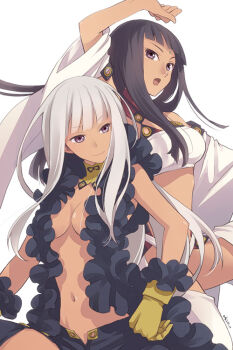2girls arm_up bad_id bad_pixiv_id bindi black_hair blunt_bangs breasts bustier chaps cyda_afrarn dark-skinned_female dark_skin detached_sleeves family gloves long_hair long_sleeves lu_afrarn medium_breasts multiple_girls navel nomoc open_mouth purple_eyes revealing_clothes short_shorts shorts smile summon_night summon_night_5 white_hair wide_sleeves yellow_gloves