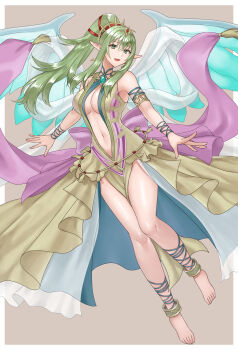 Rule 34 | 1girl, absurdres, alternate costume, anklet, armlet, armpits, bare shoulders, barefoot, breasts, center opening, cleavage, clothing cutout, cosplay, dragon girl, dragon wings, dress, earrings, fire emblem, fire emblem: mystery of the emblem, fire emblem awakening, fire emblem heroes, full body, green dress, green eyes, green hair, grey background, hair ornament, hazuki (nyorosuke), highres, jewelry, large breasts, long hair, looking at viewer, naga (fire emblem), naga (fire emblem) (cosplay), naga (ruler of dragons) (fire emblem), navel, navel cutout, nintendo, pendant, plunging neckline, pointy ears, ponytail, shawl, simple background, smile, solo, stomach, tiara, tiki (adult) (fire emblem), tiki (fire emblem), wings