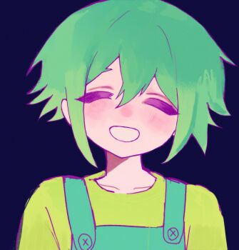 Rule 34 | 1boy, :d, ^ ^, aqua overalls, arms at sides, basil (headspace) (omori), basil (omori), black background, blush, buttons, closed eyes, collarbone, commentary request, double-parted bangs, facing viewer, flipped hair, green hair, green shirt, grin, hair between eyes, highres, male focus, omori, open mouth, overalls, portrait, shirt, short hair, sidelocks, simple background, smile, solo, straight-on, tokkooyaku