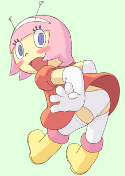 1girl antennae ass athena_(robby_to_kerobby) blue_eyes blush boots dress from_behind gloves green_background hairband loli looking_at_viewer looking_back open_mouth panties pink_hair puffy_sleeves red_dress robby_to_kerobby short_hair short_sleeves standing surprised thighhighs underwear white_gloves white_panties white_thighhighs wind wind_lift yamanokonza yellow_boots