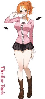 1girl absurdres bat_(animal) black_skirt blush boots breasts brown_boots commission full_body highres kasumi_6 large_breasts miniskirt nami_(one_piece) official_alternate_costume one_piece orange_eyes orange_hair pink_sweater pixiv_commission ponytail simple_background skirt solo standing sweater white_background